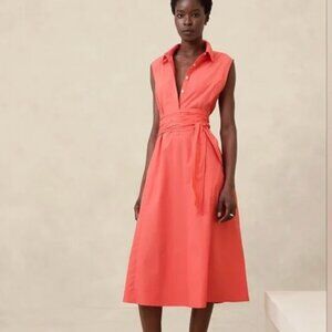 Banana Republic NWT Poplin Cross-Waist Midi Dress in Lei Flower Coral Orange, L
